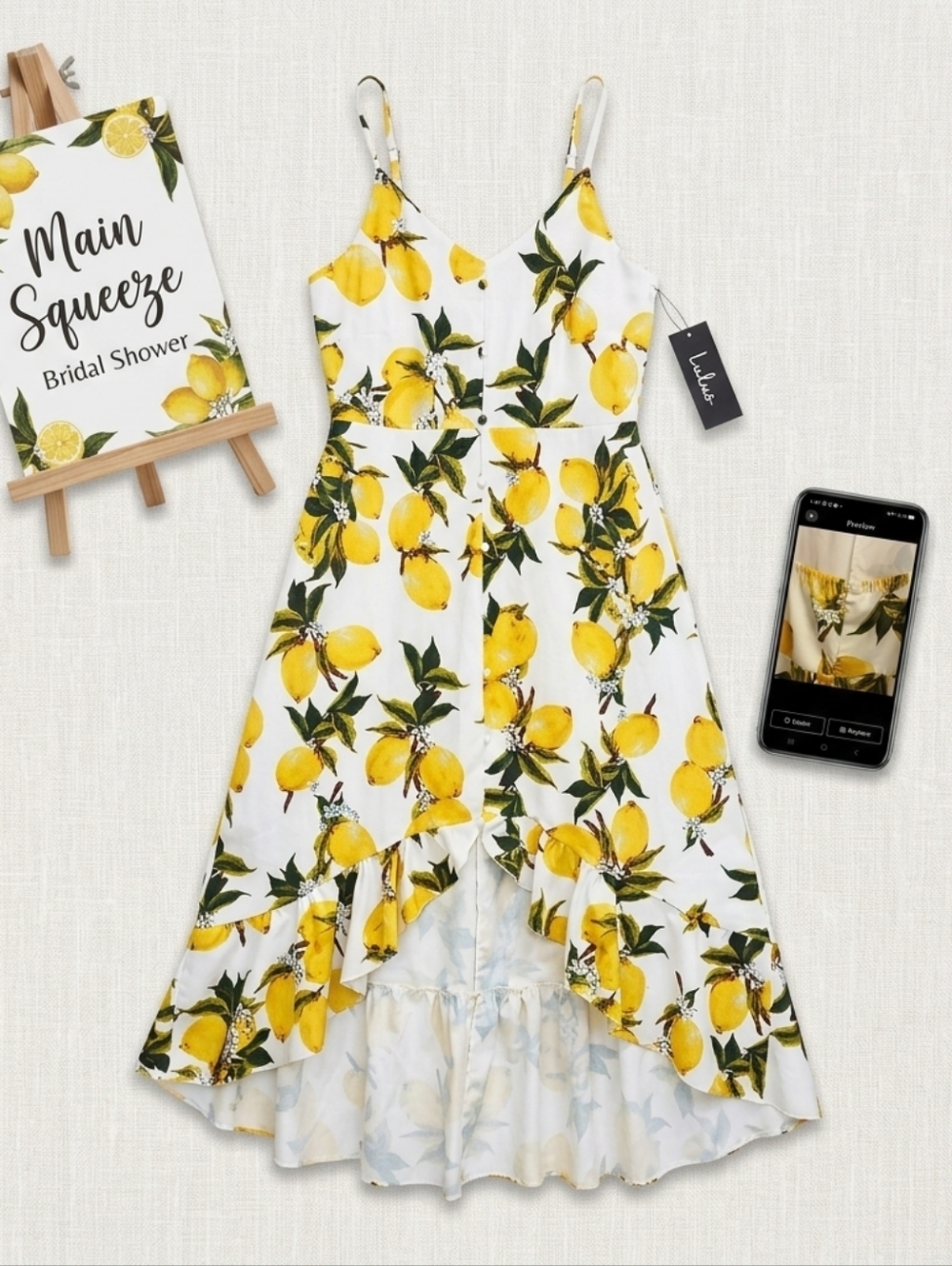 ​Lulus Afternoon Air Lemon Print High-Low Midi Dress Medium